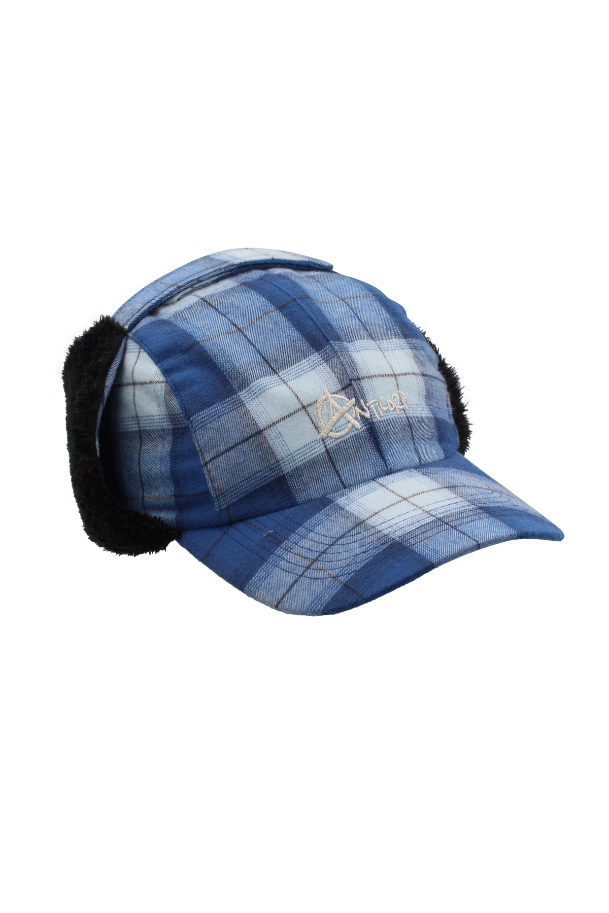 The Anticorp Elmer Tractor Hat is a blue and white plaid winter cap with black furry ear flaps, cozy fleece lining, and a stylish embroidered logo on the front. It features a curved brim for a classic look.