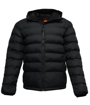 The Rip Curl Anti Series Elite Hooded Puffer Jacket in black, made from recycled fabric, features a front zipper, two side pockets, an attached hood, and is shown against a plain white background.