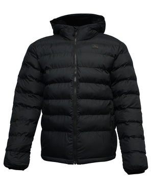The Rip Curl Anti Series Elite Hooded Puffer Jacket is black, features a front zipper, two side pockets, a hood, and horizontal quilted stitching made from recycled fabric.