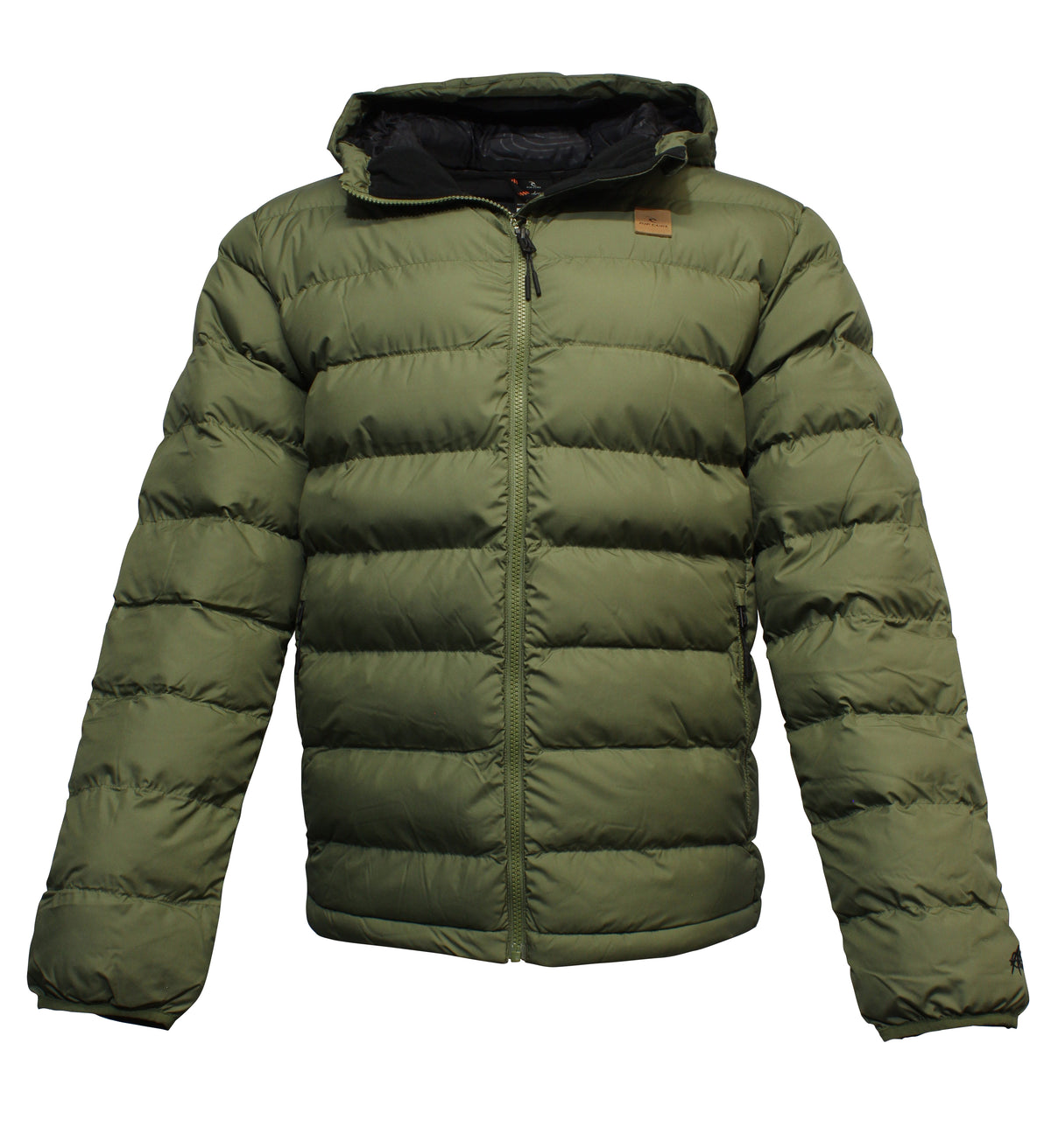 The Rip Curl Anti Series Elite Hooded Puffer Jacket is a green puffer with horizontal stitching, a front zipper, and high collar for warmth. Padded with Thermore Ecodown, it ensures lightweight comfort with its smooth fabric.