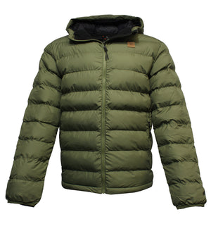 The Rip Curl Anti Series Elite Hooded Puffer Jacket is a green puffer with horizontal stitching, a front zipper, and high collar for warmth. Padded with Thermore Ecodown, it ensures lightweight comfort with its smooth fabric.