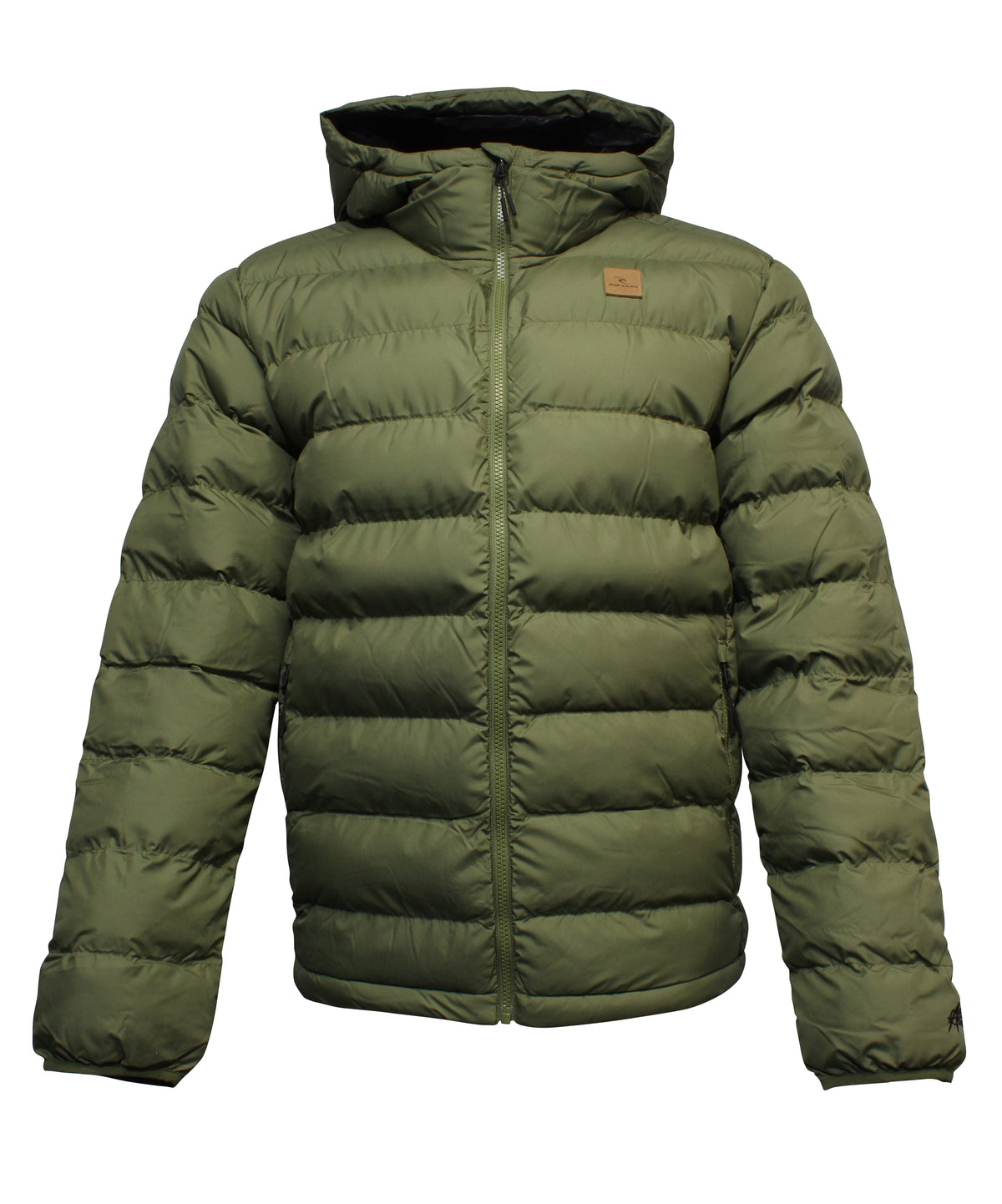 The Rip Curl Anti Series Elite Hooded Puffer Jacket has a quilted design, front zipper, long sleeves, and a small chest logo patch. Made with Thermore Ecodown, it provides warmth for cold weather.