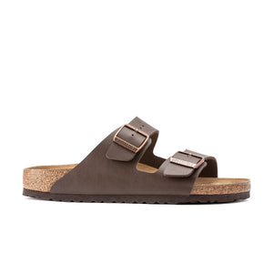 A Birkenstock Arizona Birko-Flor Regular sandal in brown, featuring two adjustable metal buckles and a cork-latex footbed, displayed in a side view on a white background.