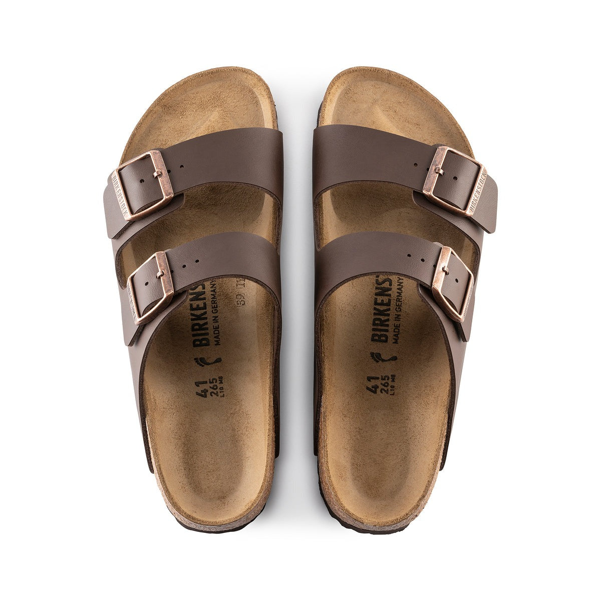 A pair of Birkenstock Arizona Birko-Flor Regular sandals in brown, featuring two adjustable straps with metal buckles, a contoured cork-latex footbed, and cork soles for comfort and support, shown from above on a white background.