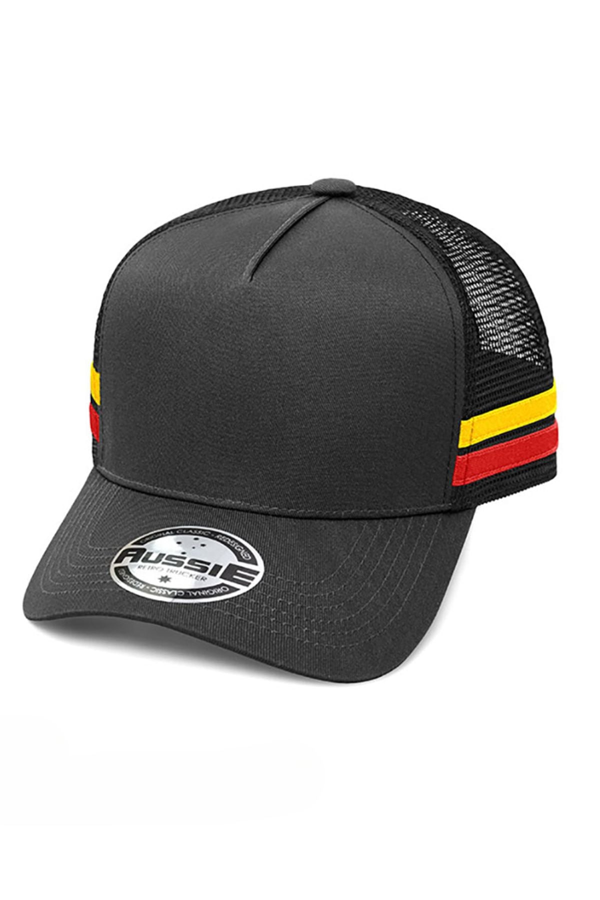 The Aussie A Frame Striped Trucker Cap features black mesh, yellow and red stripes above the brim, a sticker label on the bill, and an adjustable strap for comfort.