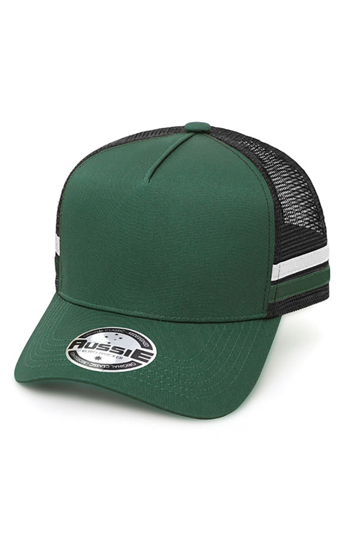 The Aussie A Frame Striped Trucker Cap features green and black colors, white stripes on the mesh sides, a curved brim with a round "AUSSIE" sticker, and an adjustable strap for comfort.