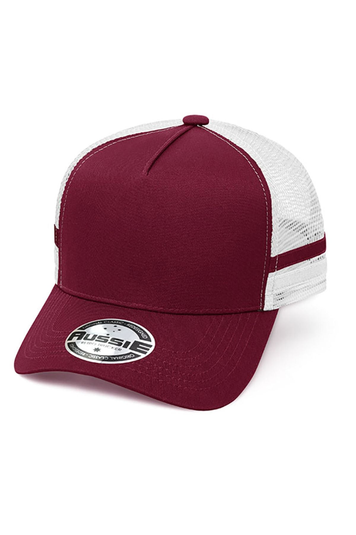 The Aussie A Frame Striped Trucker Cap in maroon and white features a solid front, contrast mesh back, curved brim with a sticker, adjustable strap for the perfect fit, and a small top button.