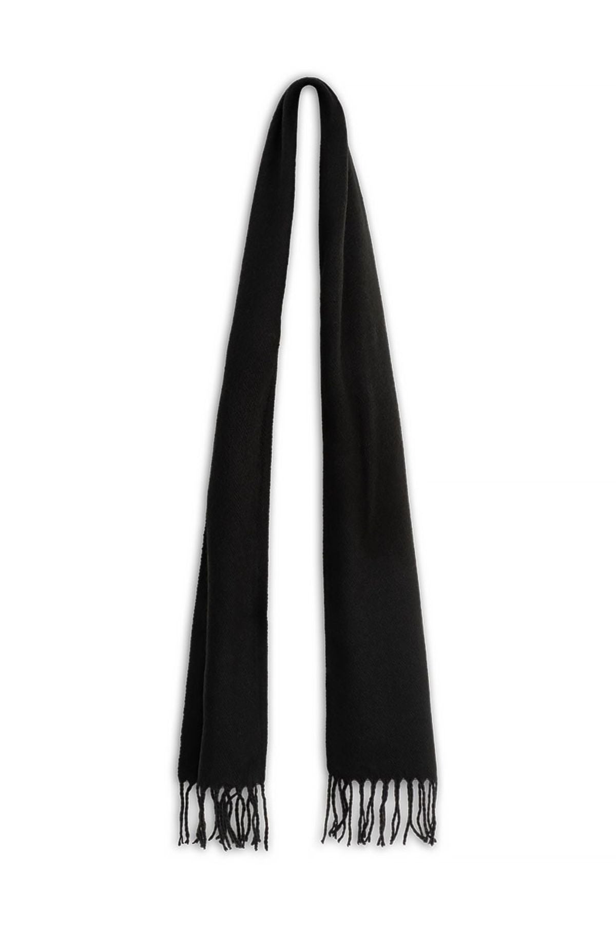 The Avenel Austin Brushed Acrylic Scarf in black, featuring fringed ends and a soft brushed texture, hangs vertically against a white background.
