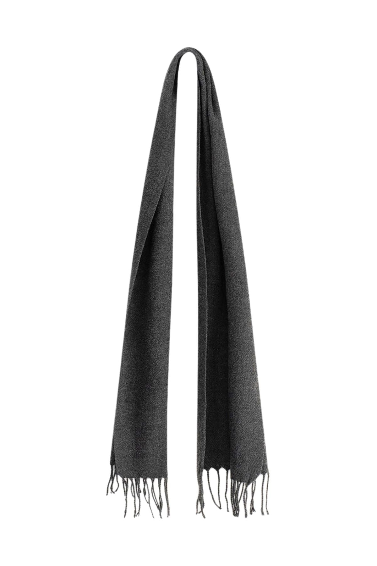 The Avenel Austin Brushed Acrylic Scarf in dark gray features fringe ends and hangs vertically against a plain white background.