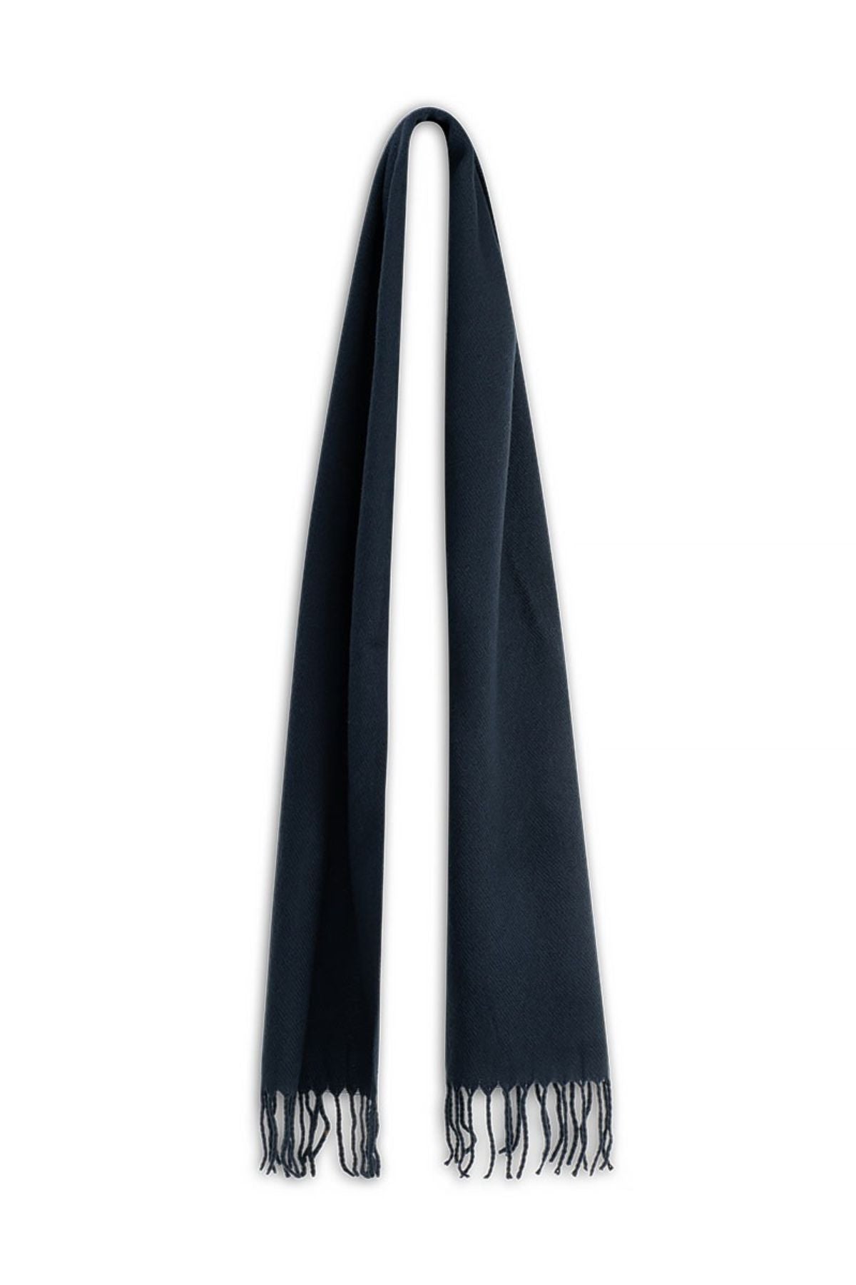 A long, dark blue Avenel Austin Brushed Acrylic Scarf with fringed ends is displayed hanging vertically against a plain white background.