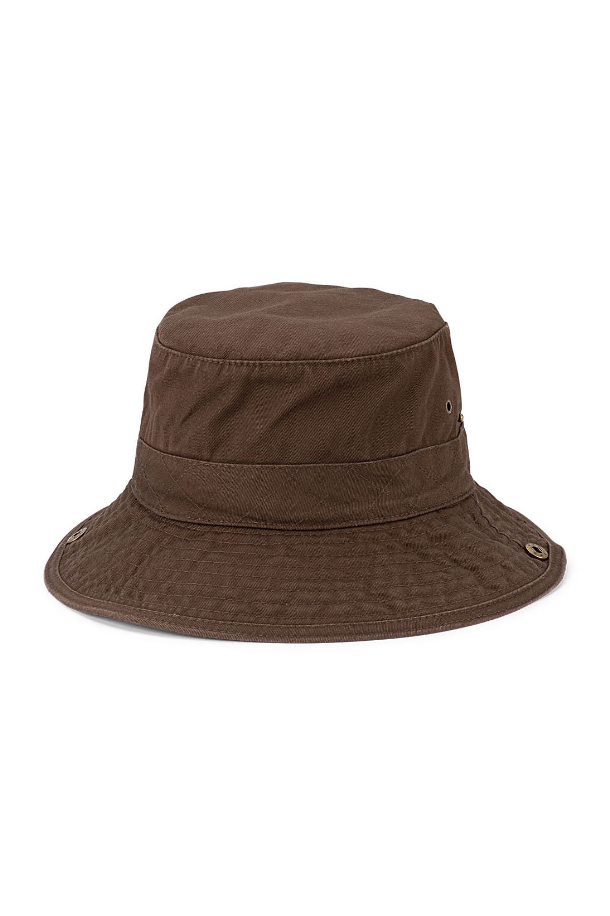 The Avenel Barham Cotton Boonie is a brown microfiber bucket hat with a wide, downward-sloping brim for sun protection and small metal eyelets on the sides for ventilation.