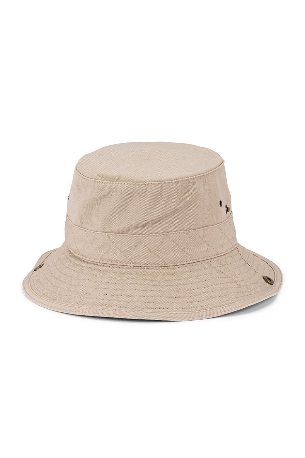 The Avenel Barham Cotton Boonie is a packable beige bucket hat with stitched brim detailing and two side ventilation eyelets, providing practical sun protection. Shown against a white background.