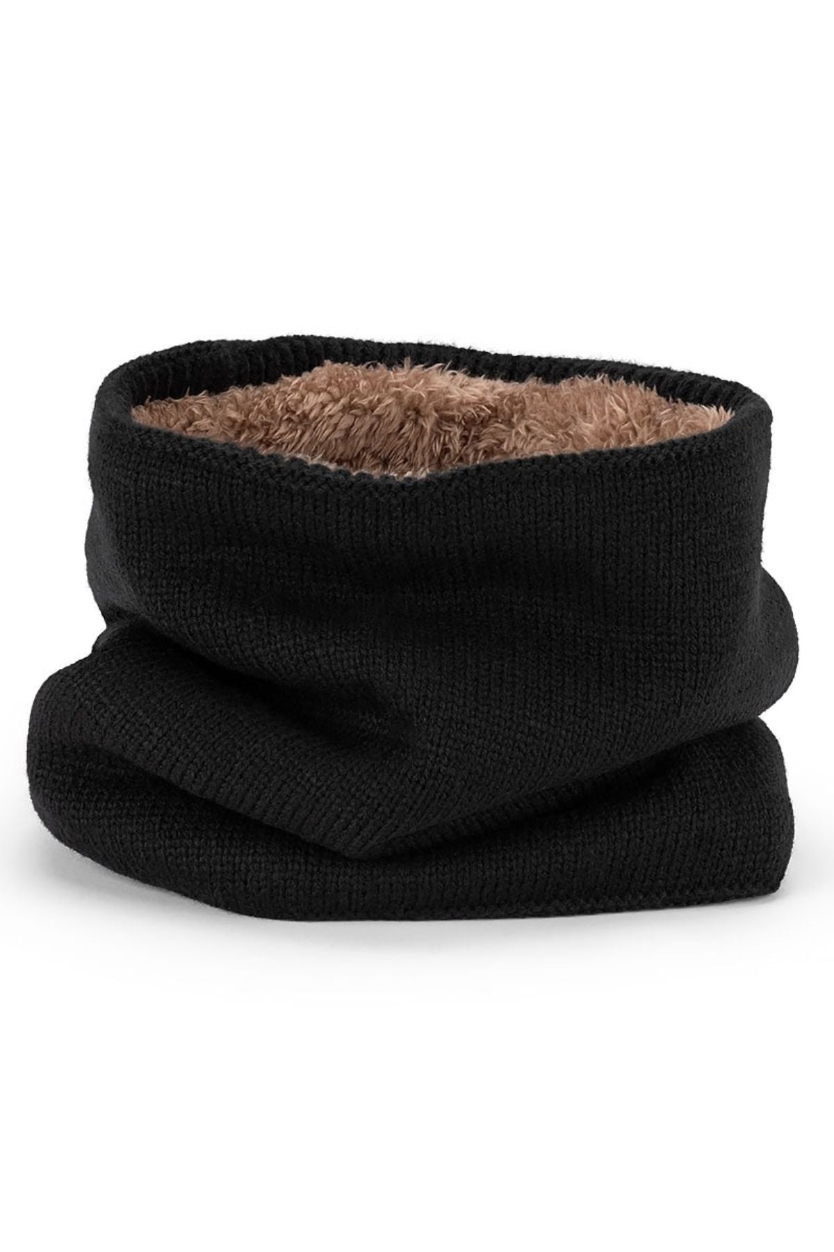 The Avenel Bart Plush Lined Neck Warmer is a black acrylic knit with a soft brown fleece lining for maximum warmth, displayed standing upright on a white background.