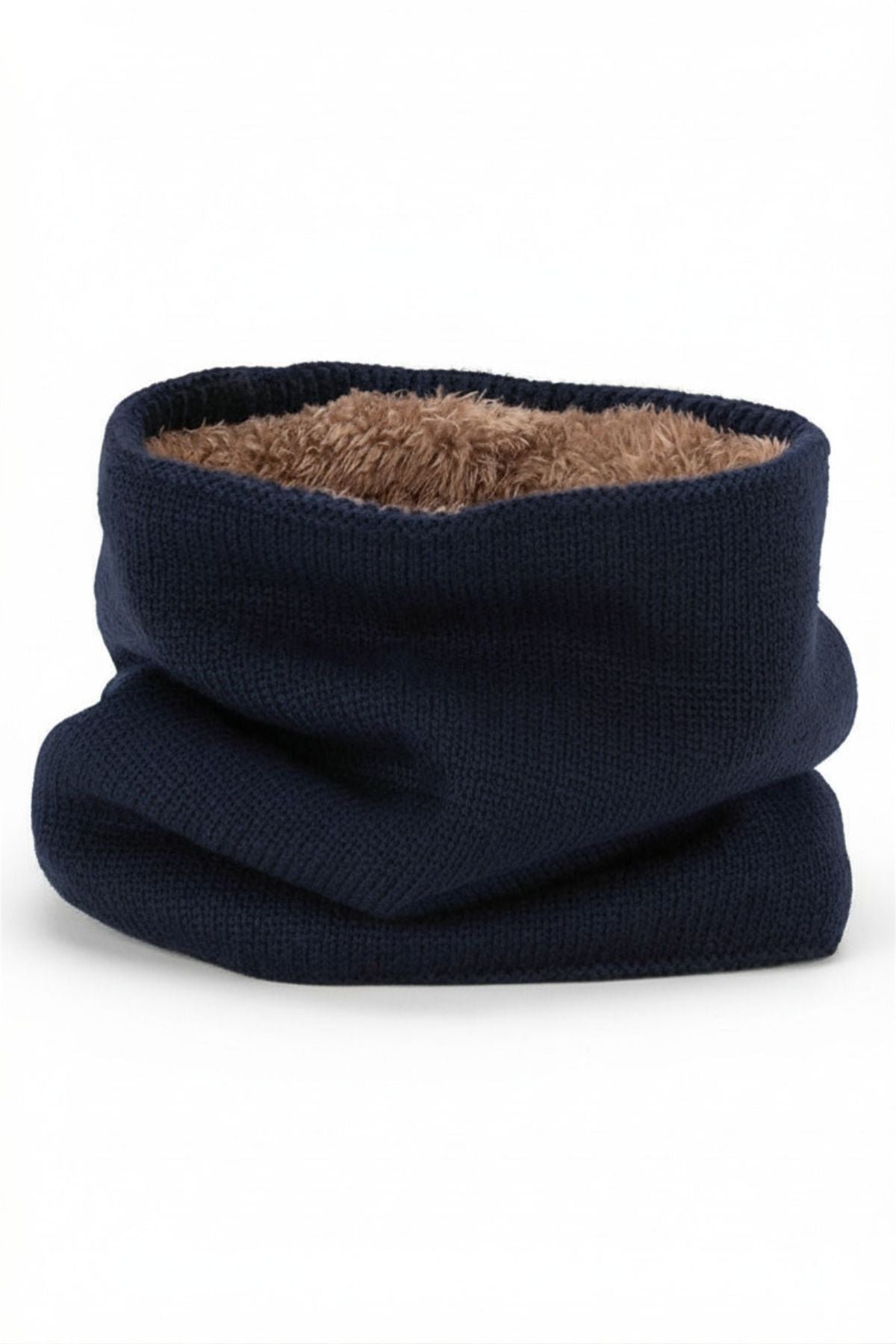 The Avenel Bart Plush Lined Neck Warmer is a navy blue, knitted acrylic neck warmer with a soft brown fleece lining, shown against a white background.