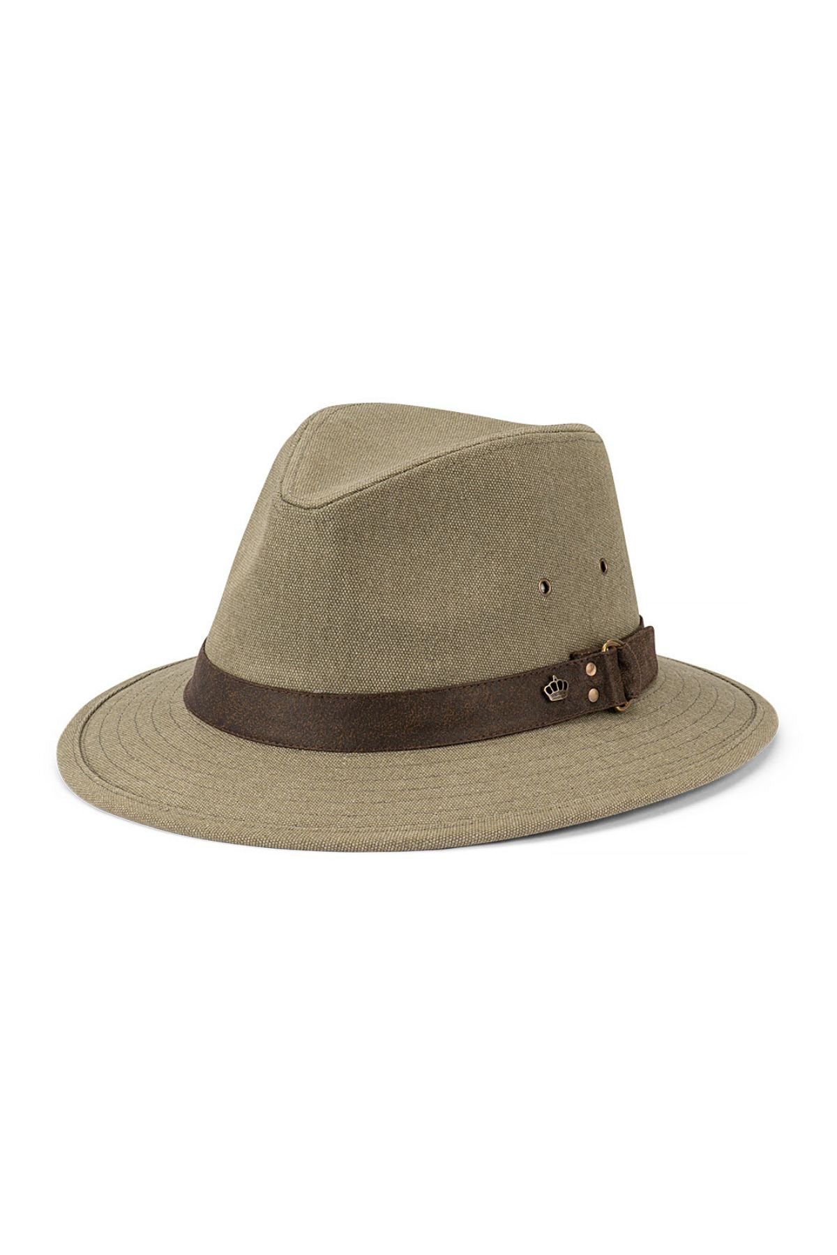The Avenel Benji Blocked Washed Cotton Canvas Safari is a khaki fedora-style safari hat made from cotton canvas, featuring a wide brim, dark brown band, small metal buckle, and side grommet accents for sun protection.