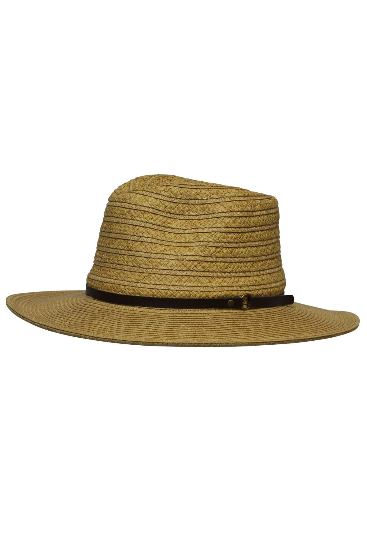 The Avenel Braided Fedora, shown in tan with a wide brim and a thin dark brown band, features classic braiding and is viewed from the side against a white background.