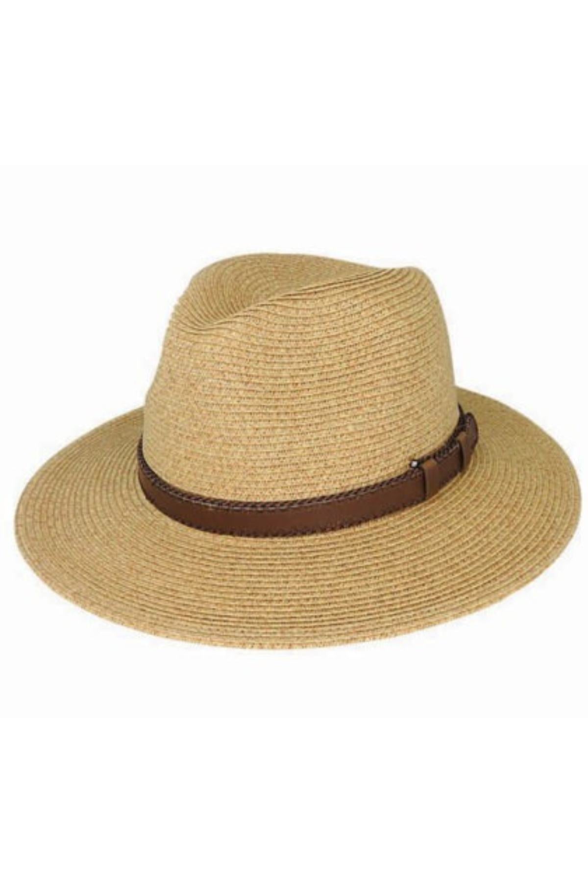 The Avenel Braided Safari hat is a tan straw fedora featuring a wide brim and brown leather band, ideal for sun protection during your outdoor adventures.