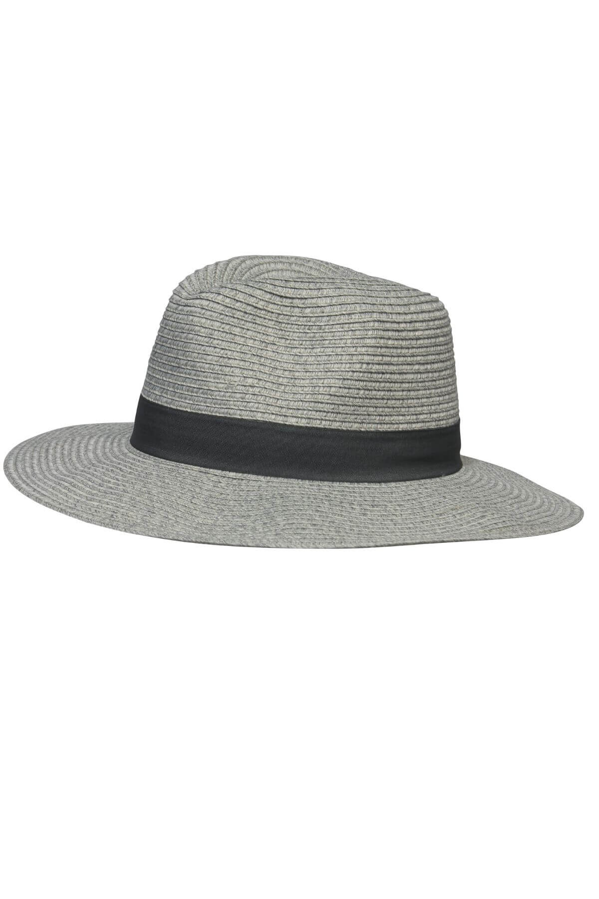 The Avenel Crushable Two Tone Safari Traveller is a light gray, wide-brimmed hat featuring a black band around the crown, displayed against a white background.