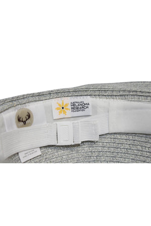 Close-up of the inside of an Avenel Crushable Two Tone Safari Traveller hat in light grey, featuring labels for "Australian Melanoma Research Foundation" and a small button with a deer head design.