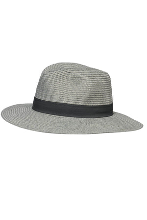 The Avenel Crushable Two Tone Safari Traveller is a light gray, wide-brimmed hat featuring a black band around the crown, displayed against a white background.