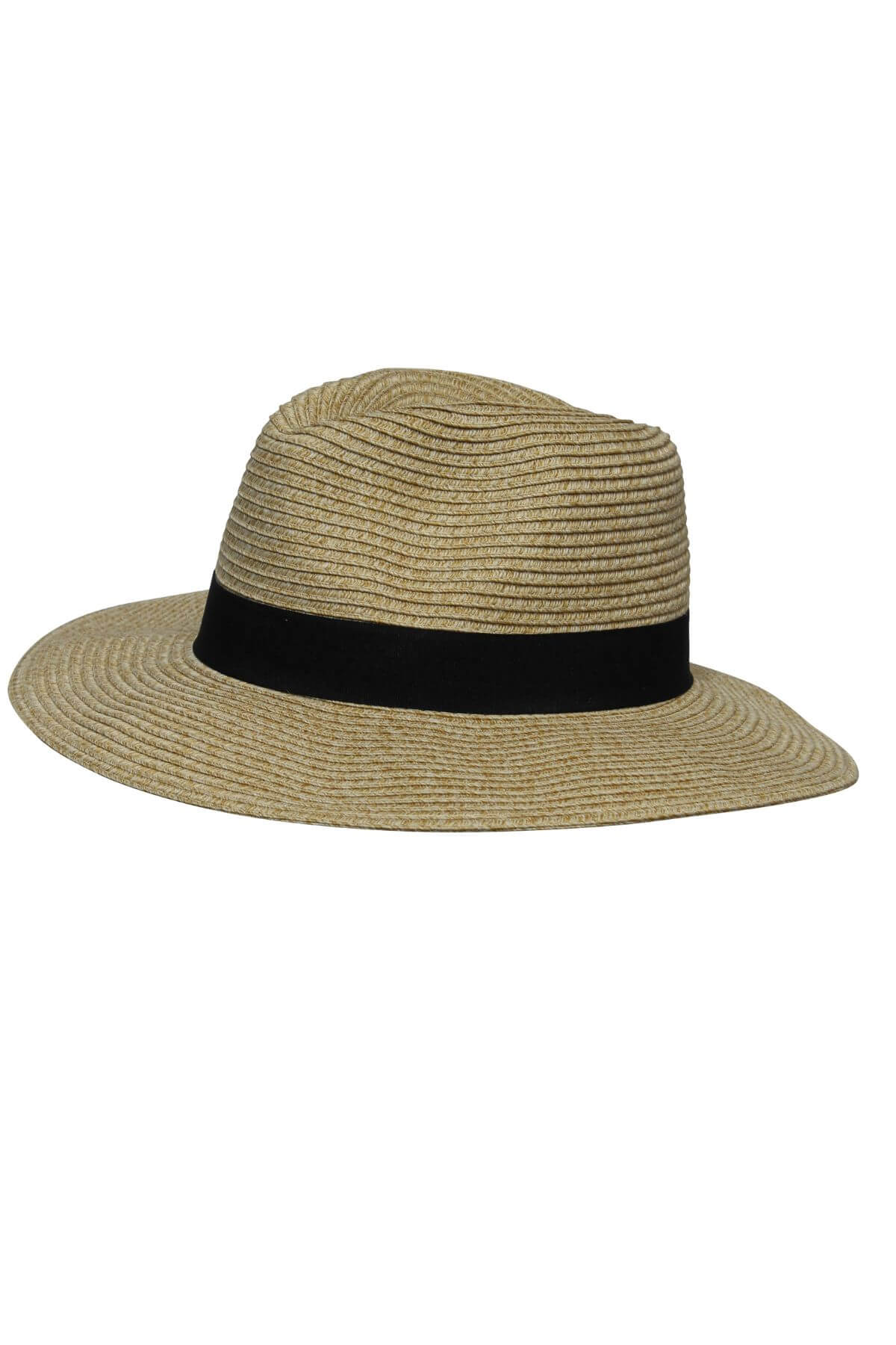 A tan Avenel Crushable Two Tone Safari Traveller hat with a wide brim and black band, shown in side view on a white background.