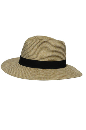 A tan Avenel Crushable Two Tone Safari Traveller hat with a wide brim and black band, shown in side view on a white background.