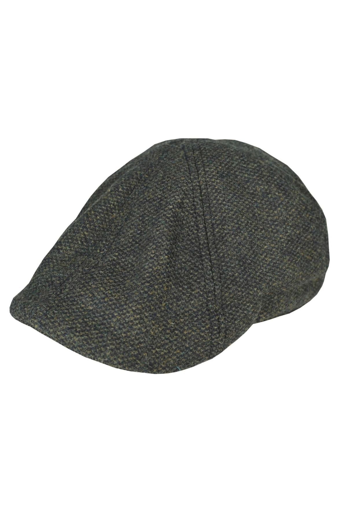 The Avenel Cunningham Six Panel Nailhead Wool Blend Cap, shown from a side angle on a white background, features a gray tweed design with a rounded crown, small stiff brim, and plaid lining.