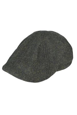 The Avenel Cunningham Six Panel Nailhead Wool Blend Cap, shown from a side angle on a white background, features a gray tweed design with a rounded crown, small stiff brim, and plaid lining.