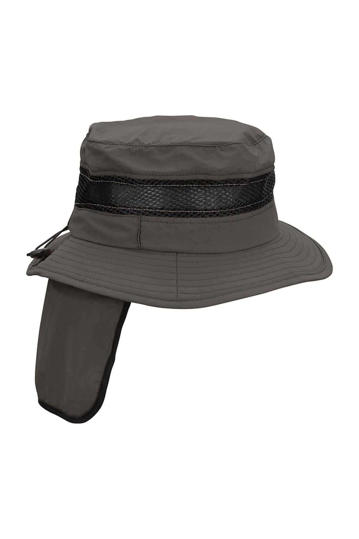 The Avenel Finn Polyester Hat is a gray wide-brimmed sun hat with a black mesh ventilation band and a legionnaire neck flap for sun protection, shown against a white background.