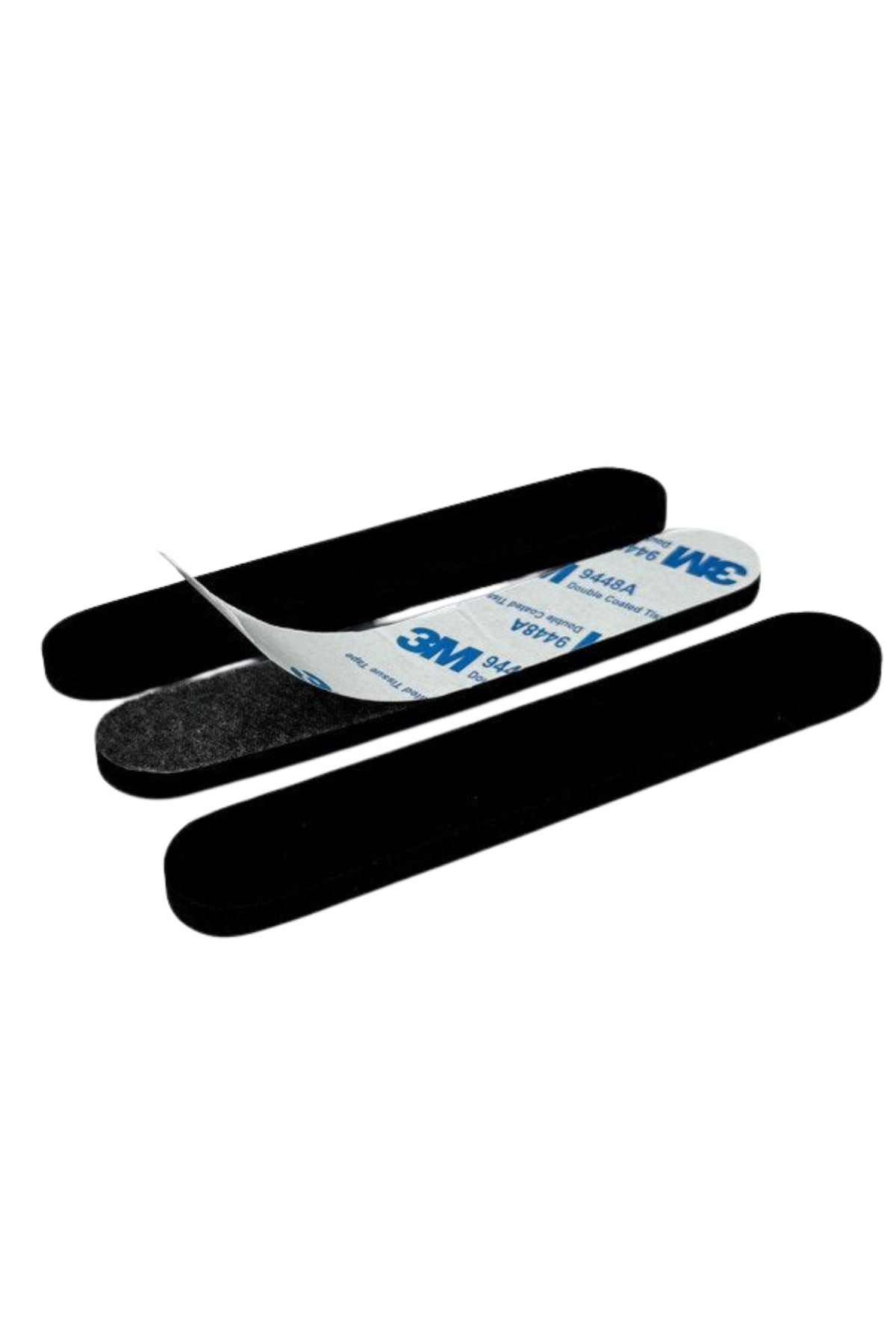 Shown are three black foam strips, with one partially peeled to reveal white and blue 3M backing labeled with instructions. Avenel Foam Strip Size Reducer 3 Pack helps adjust hats for a better fit, making hat resizing easy and comfortable.