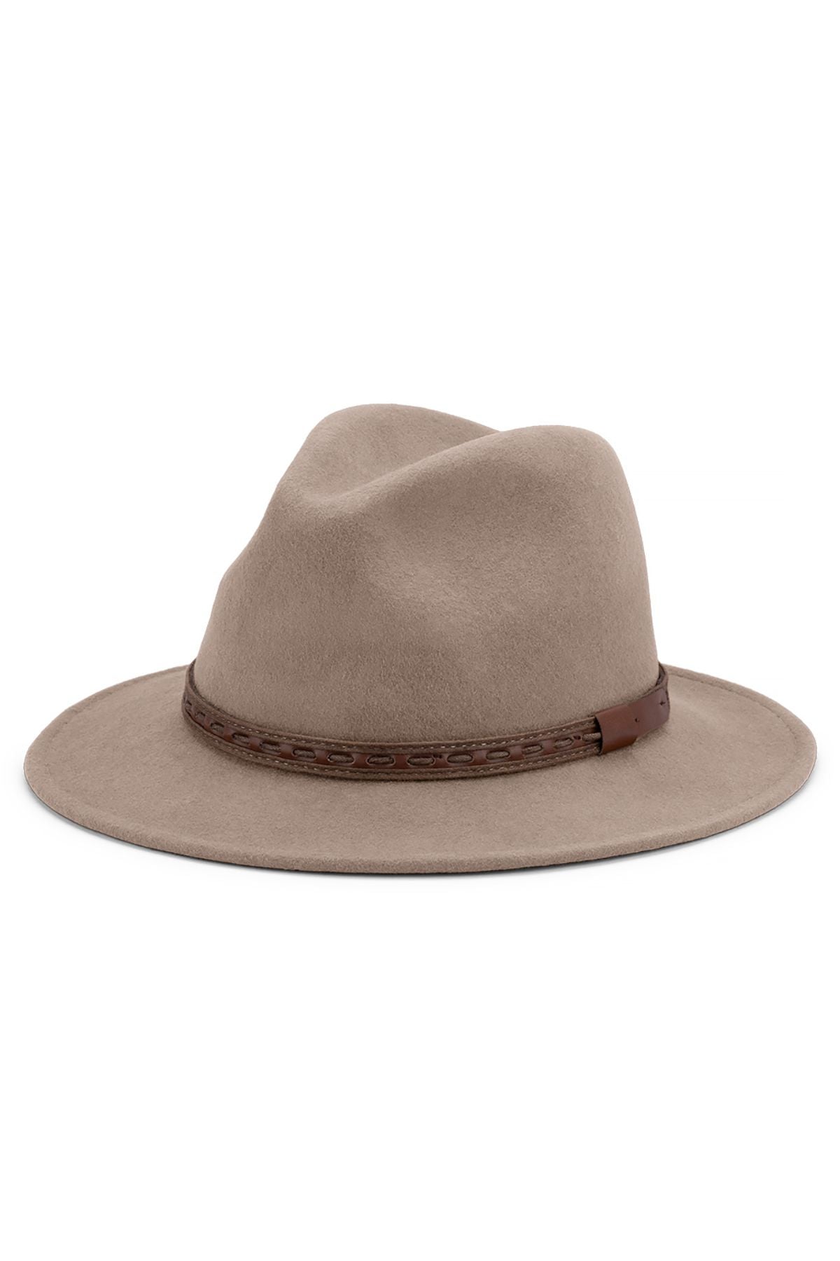 The Avenel Johnny Crushable Water Repellent Wool Felt Safari is a light brown fedora with a wide brim, featuring a crushable, water-repellent design and a decorative brown leather band around the crown.