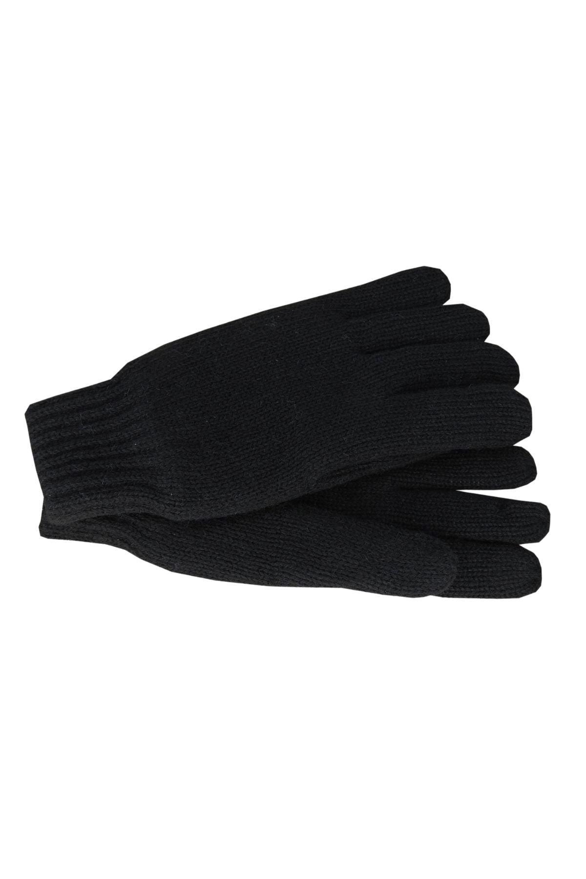 The Avenel Leo Ragg Wool Thinsulate Gloves, in black knit, are shown lying flat on a white background with their cuffs and fingers neatly overlapping.