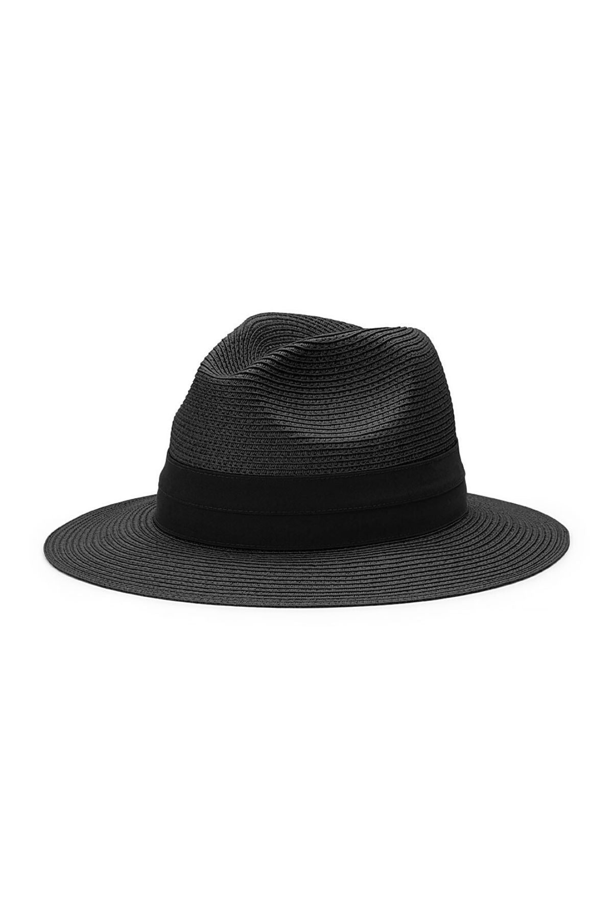 The Avenel Lucca Paper Braid Safari is a black wide-brim hat with a black band. Lightweight and breathable, it offers stylish UPF50+ sun protection—perfect for sunny days. Displayed on a white background.