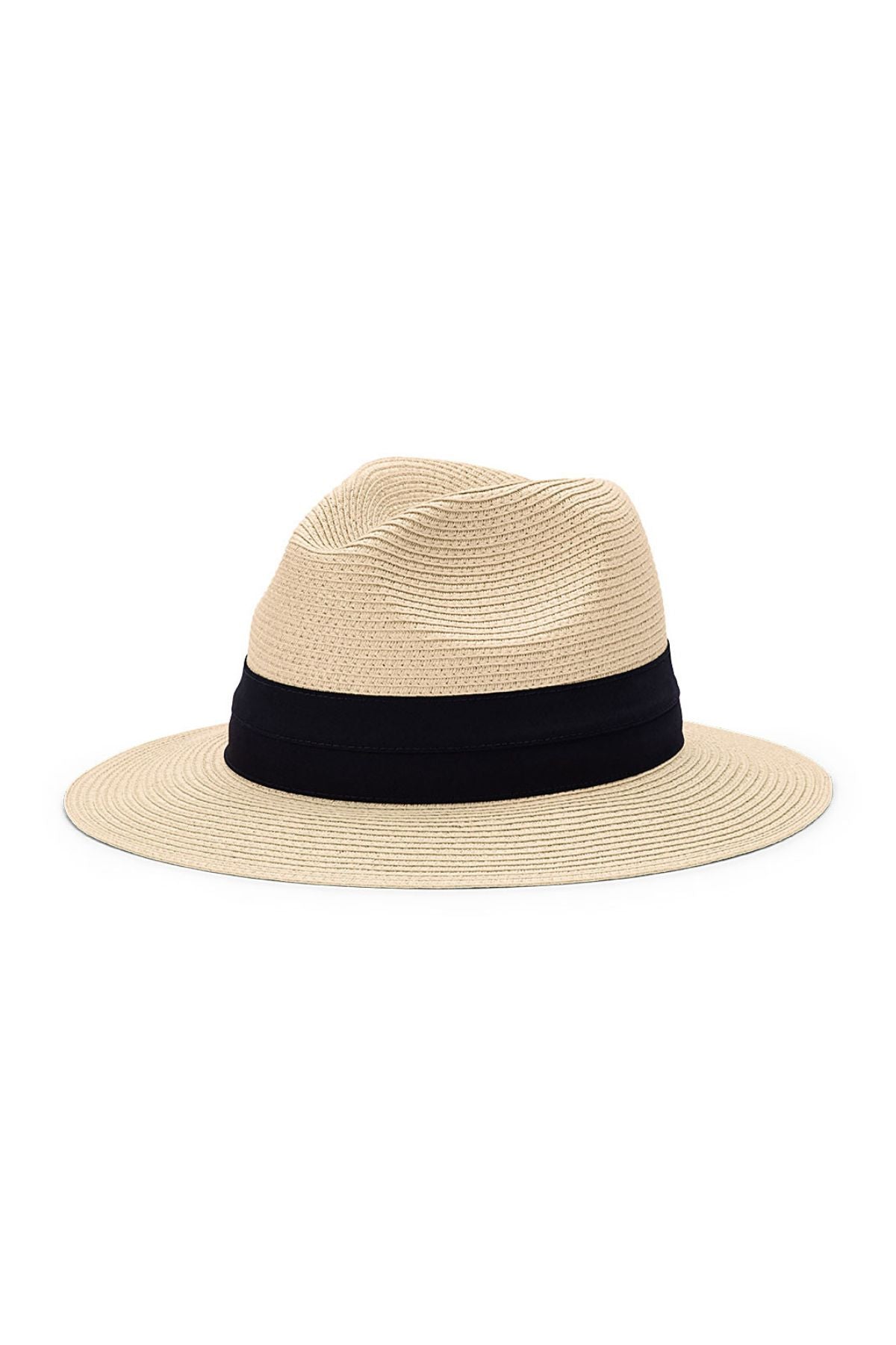 The Avenel Lucca Paper Braid Safari is a beige, lightweight sun hat with a wide brim and black crown band, shown on a white background.