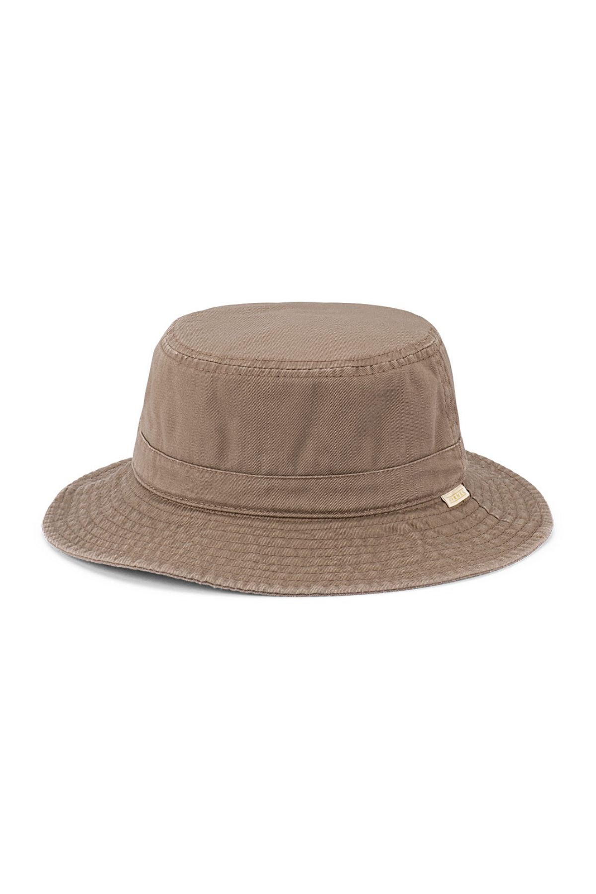 The Avenel Merrick Washed Cotton Small Brim Bucket Hat, in brown with visible stitching and a small rectangular seam tag, is made of fabric material and shown packable on a plain white background.