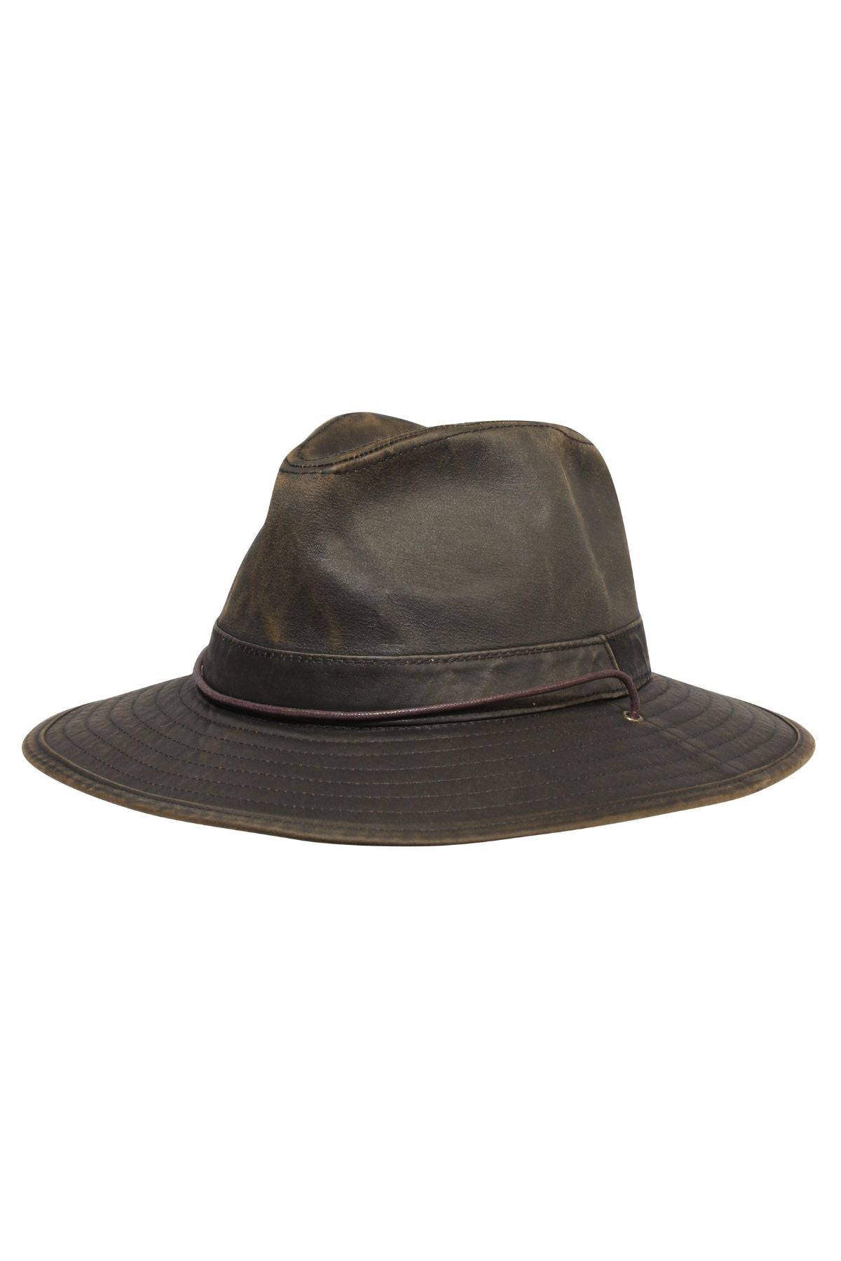 The Avenel Oakridge Weathered Cotton Safari is a wide-brim hat in dark brown with a creased crown and thin band, providing stylish sun protection with UPF50+ for confident outdoor adventures.
