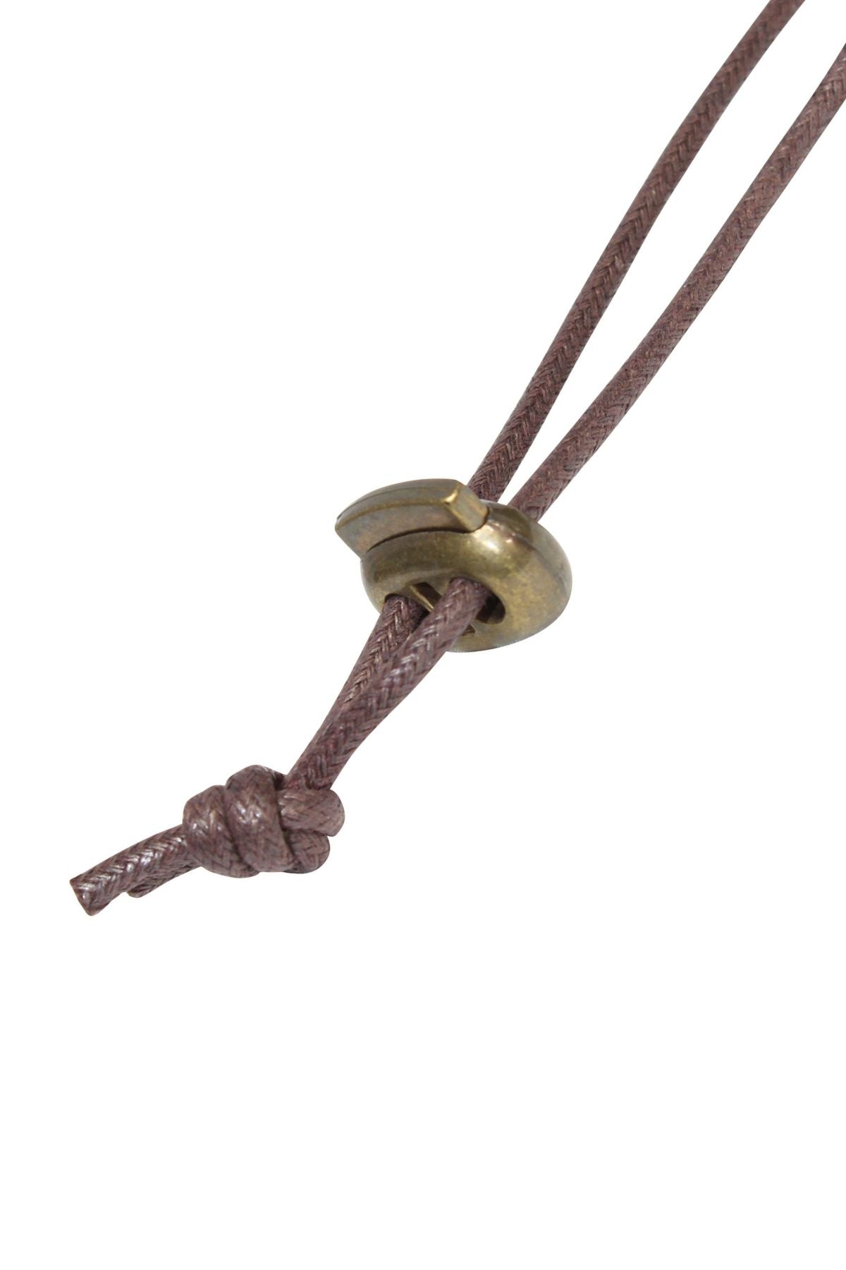 A close-up of a brown cord necklace with a simple knot and round brass ring, styled next to the Avenel Oakridge Weathered Cotton Safari hat, known for its classic look and UPF50+ sun protection.