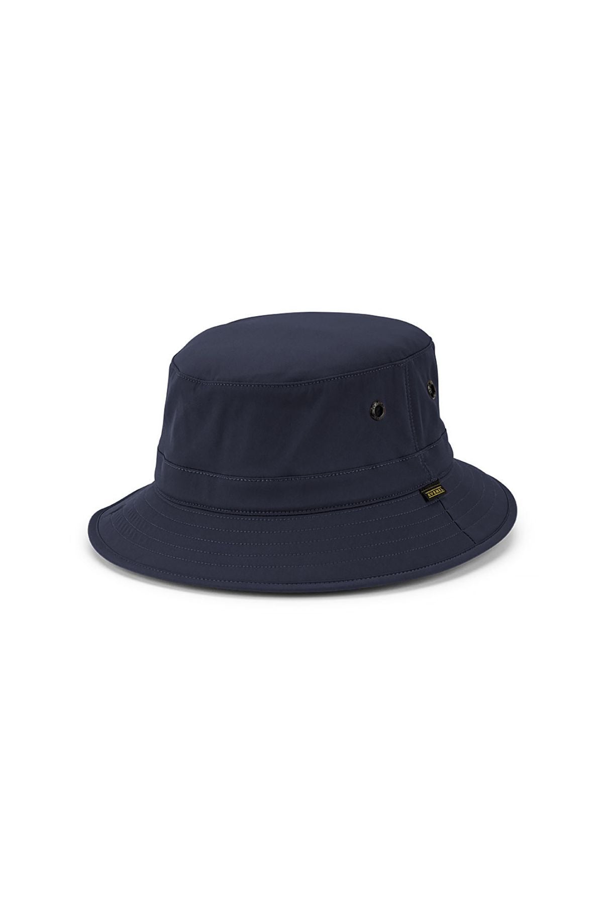 The Avenel Summit Soft Shell Bucket Hat in navy features metal side eyelets, a flat crown, and a downward-sloping brim, shown against a white background.