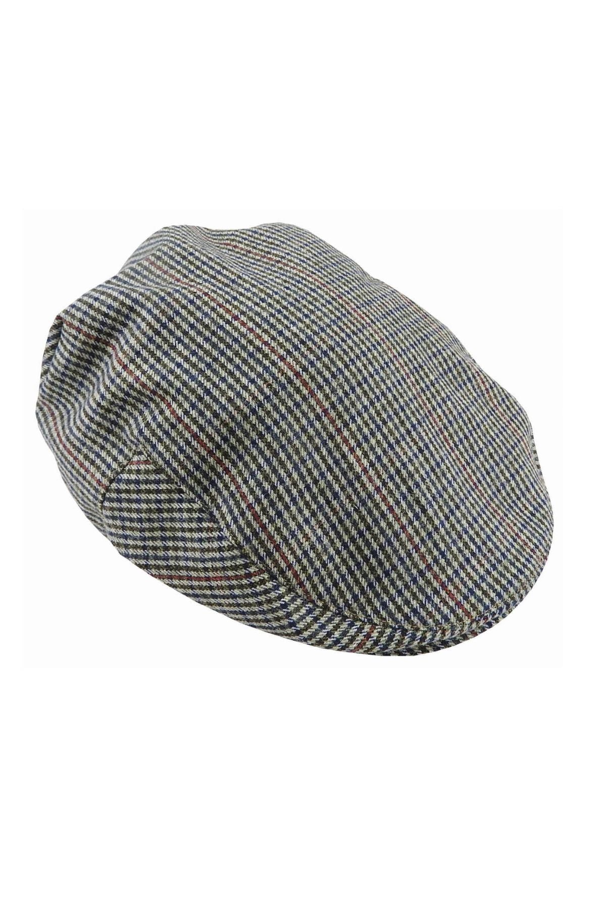 The Avenel Tatum Wool Blend Fine Check Tweed Cap features a grey, black, white, and red check pattern in a wool/polyester blend with a soft, rounded shape and small front brim.