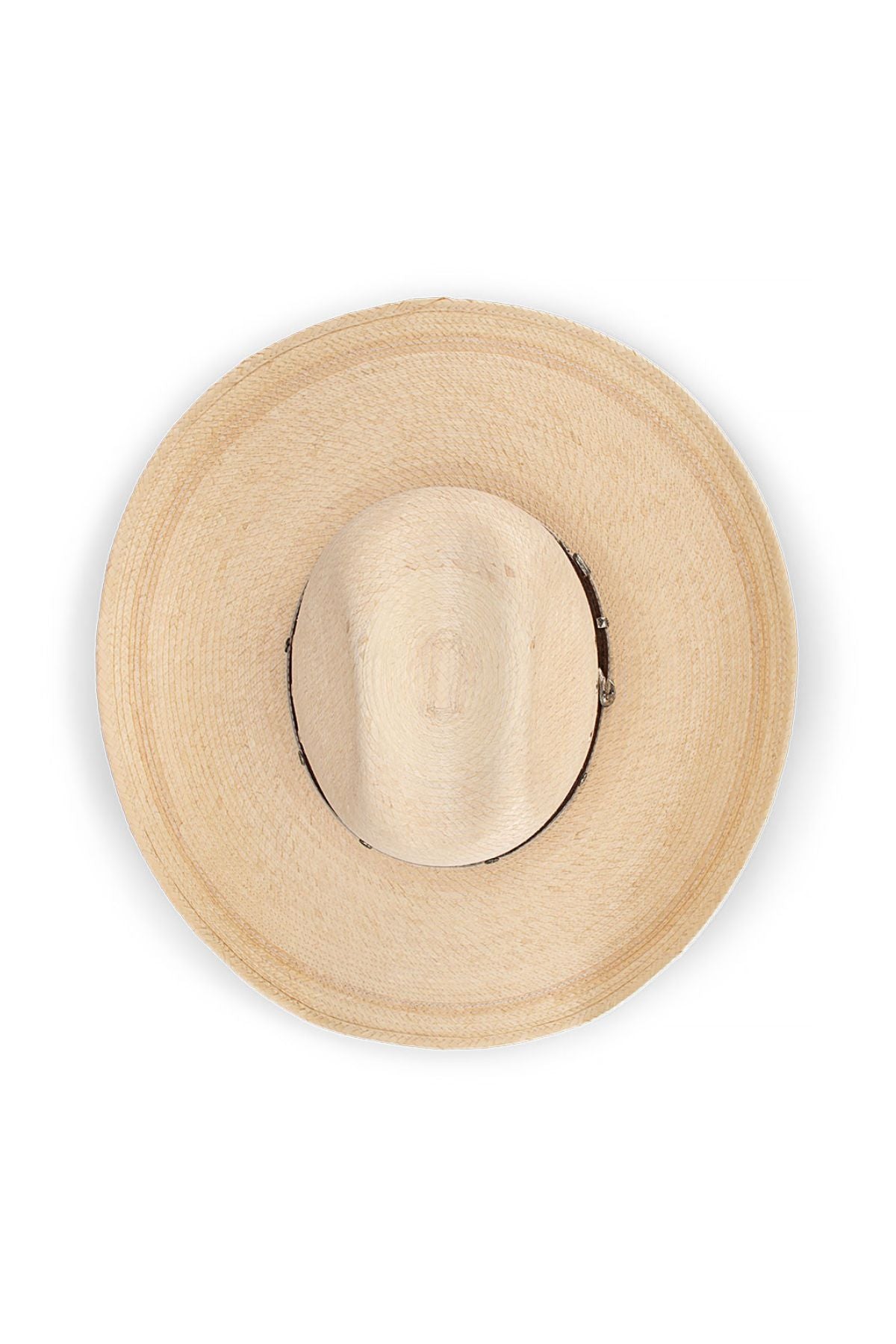 The Avenel The Chuck Wagon Guatemalan Palm Leaf Mexican Western Hat features a wide brim and beige palm leaf, viewed from above on a white background, highlighting authentic Mexican craftsmanship.