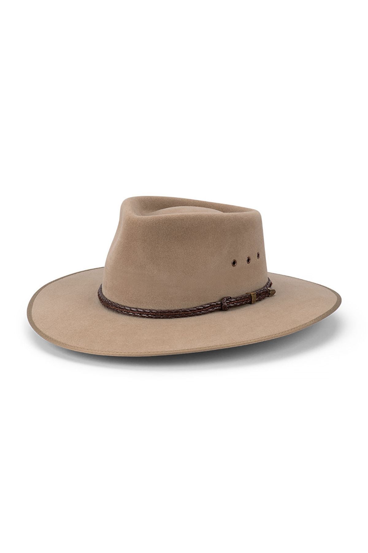 The Avenel The Grazier Fur Felt is a light brown, wide-brimmed outback hat with a creased crown and a dark braided band at the base, displayed against a white background.