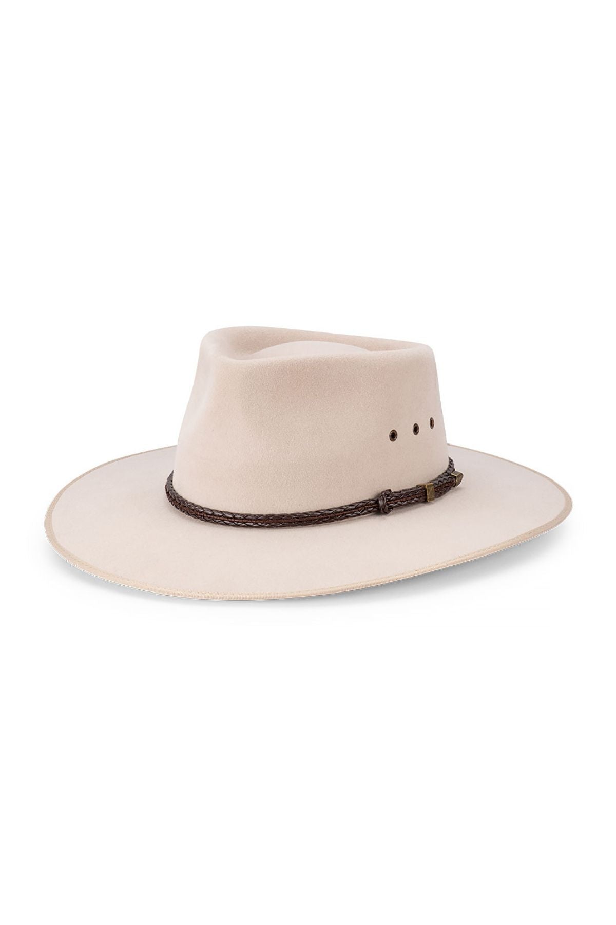 The Avenel The Grazier Fur Felt is a light beige wide brim hat with a creased crown, braided brown band, and side ventilation holes. Its water repellent finish offers style and practicality.