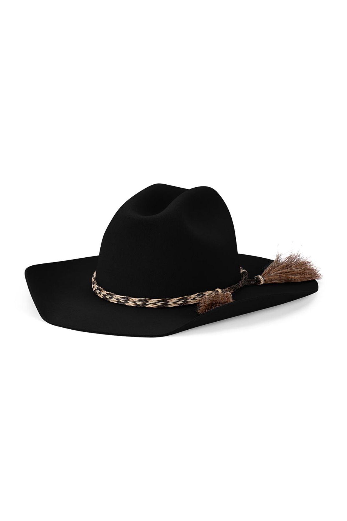 The Avenel The Pickup Rider Fur Felt Hat is a black, wide-brimmed, water-repellent cowboy hat featuring a brown and tan braided band with two tassels, shown on a white background.