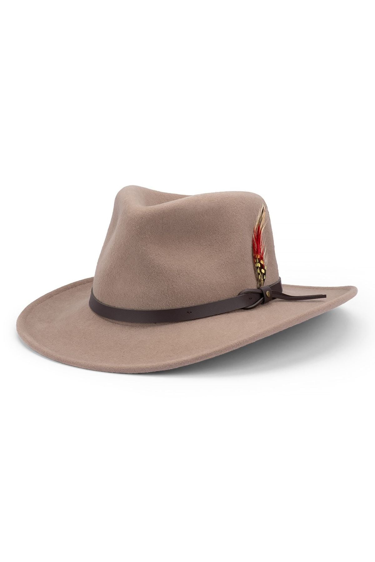 The Avenel Ziggy Crushable Water Repellent Wool Felt Outback Hat is light brown with a wide brim, a dark brown leather band, and a decorative feather tucked into the band.