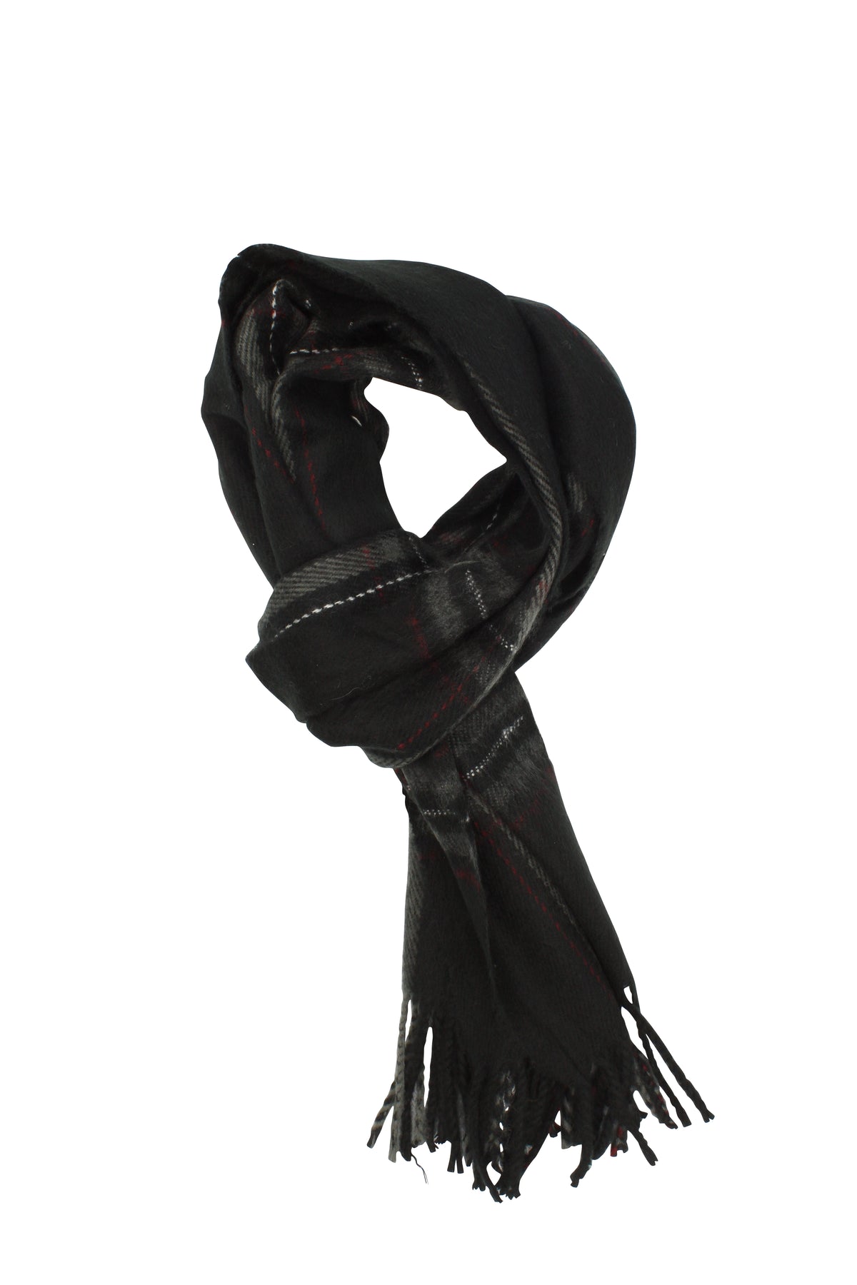 A black Avenel Ollie Acrylic Check Scarf featuring subtle gray and red stripes, loosely knotted with fringed ends, crafted from soft acrylic fabric and displayed on a white background.