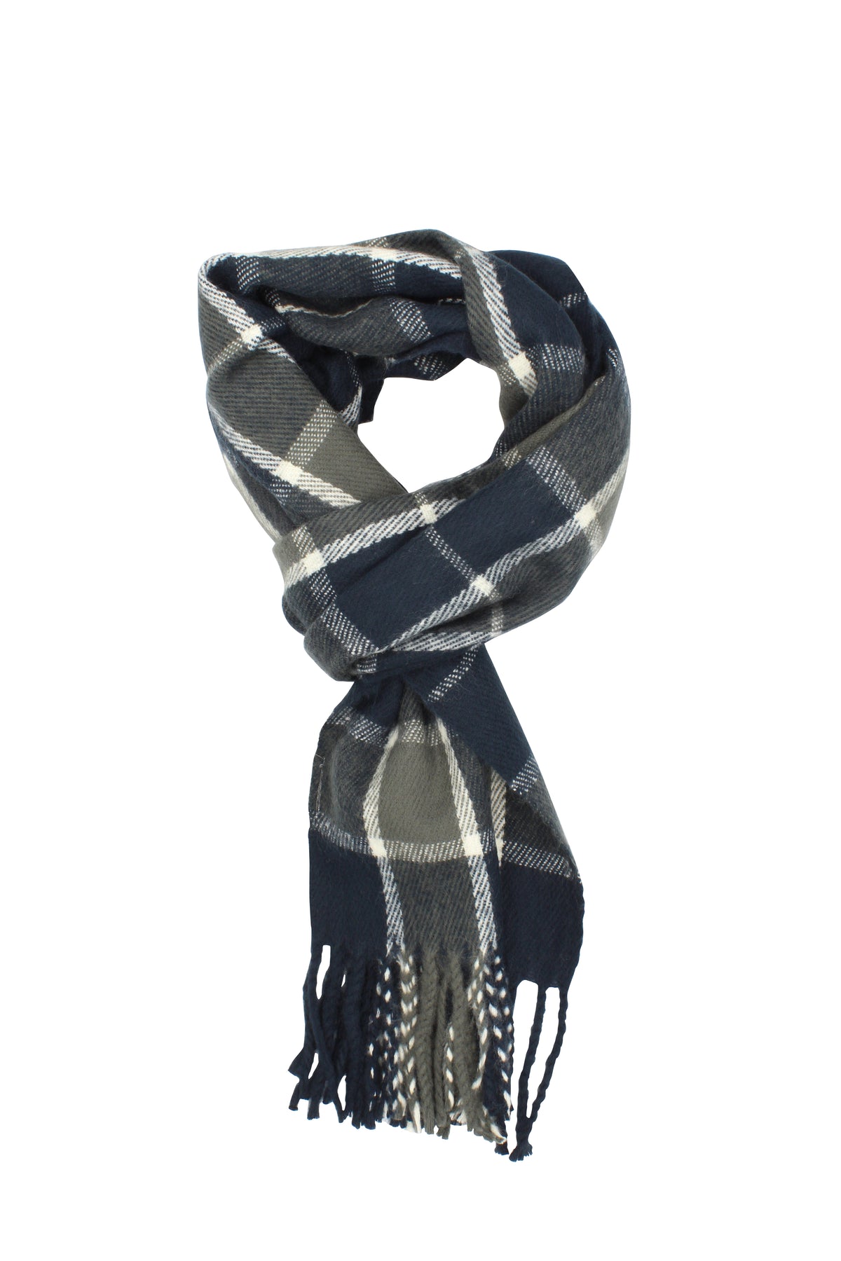 The Avenel Ollie Acrylic Check Scarf showcases a classic navy blue, gray, and white plaid design with fringed ends, perfect as a stylish accessory.