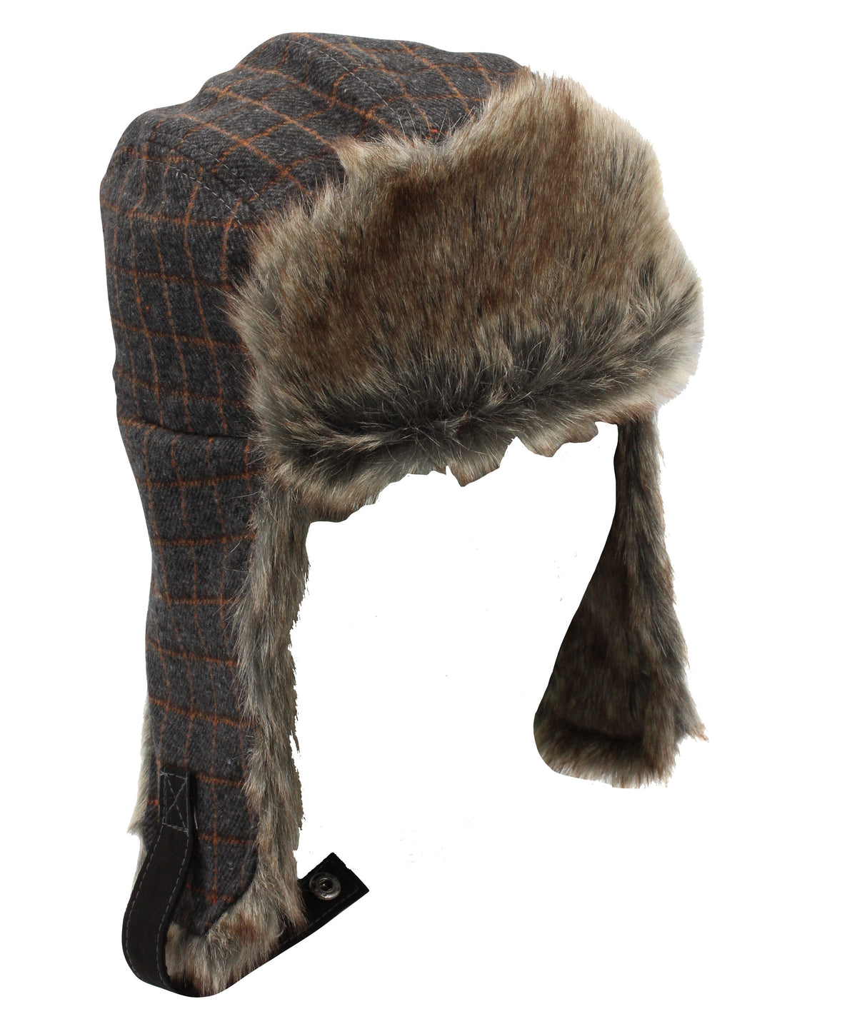 The Avenel Check Flying Cap is a winter trapper hat featuring a plaid pattern, faux fur lining, and ear flaps, displayed on a white background.