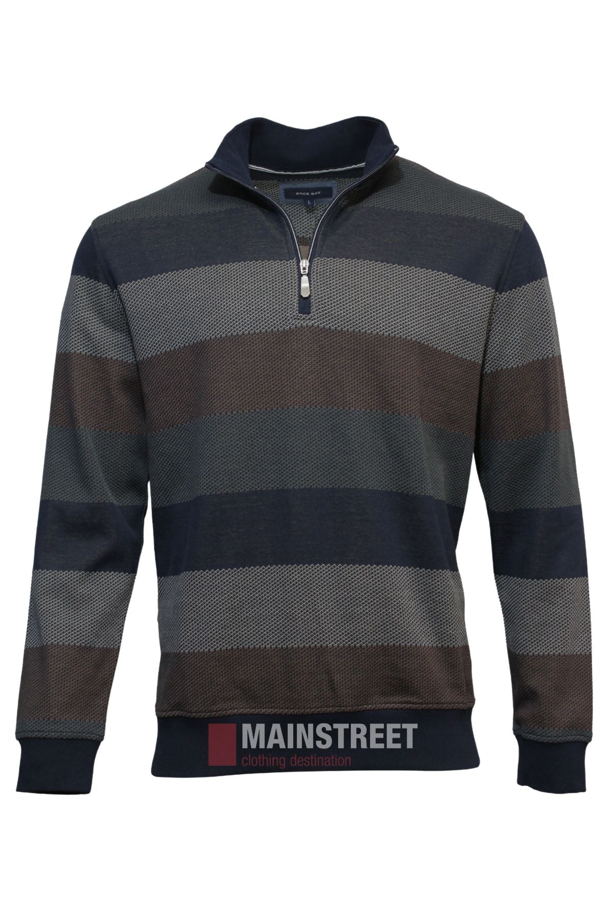 The Back Bay Block Stripe 1/2 Zip Fleece is a long-sleeve pullover in navy, gray, and brown with a raised collar and ribbed cuffs—perfect for your winter wardrobe.
