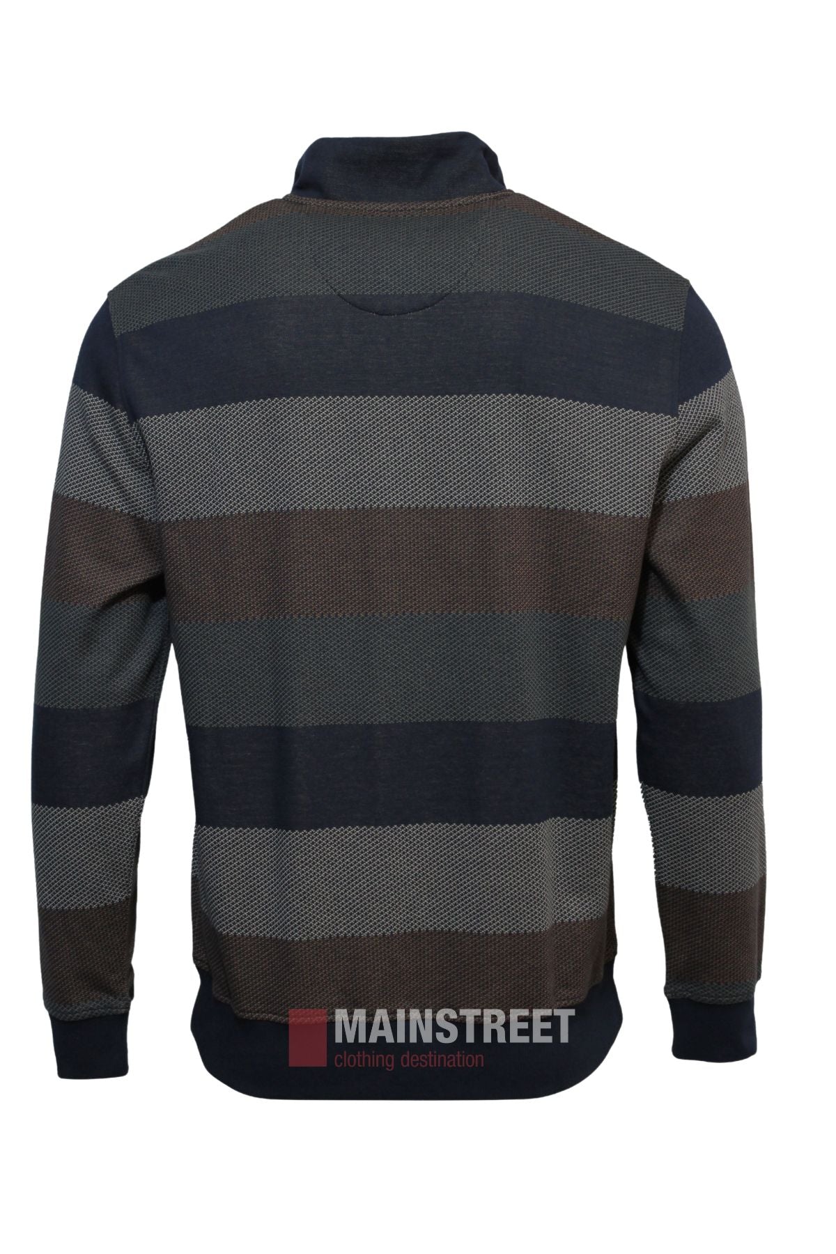 The Back Bay Block Stripe 1/2 Zip Fleece features wide navy, brown, and gray stripes, ribbed waistband and cuffs—an ideal winter wardrobe addition. Shown from the back with long sleeves for comfort and style.