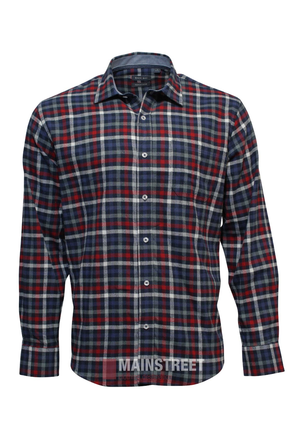 The Back Bay Brushed Cotton Check Shirt is a long-sleeve winter shirt with a red, navy blue, white, and green plaid pattern. Made of soft brushed cotton, it features a classic collar and white front buttons.